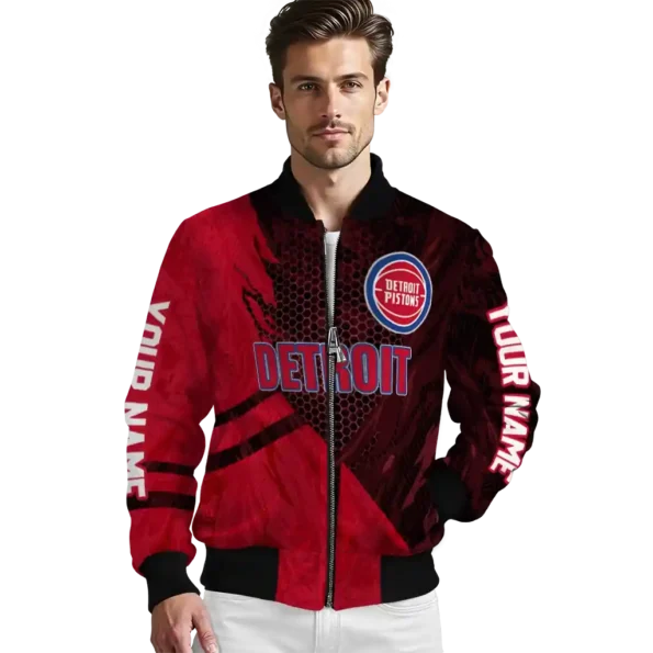 customized detroit pistons hexagon mesh red black bomber jacket high quality