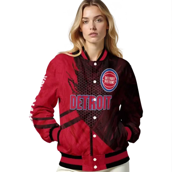 customized detroit pistons hexagon mesh red black varsity jacket latest model.webp