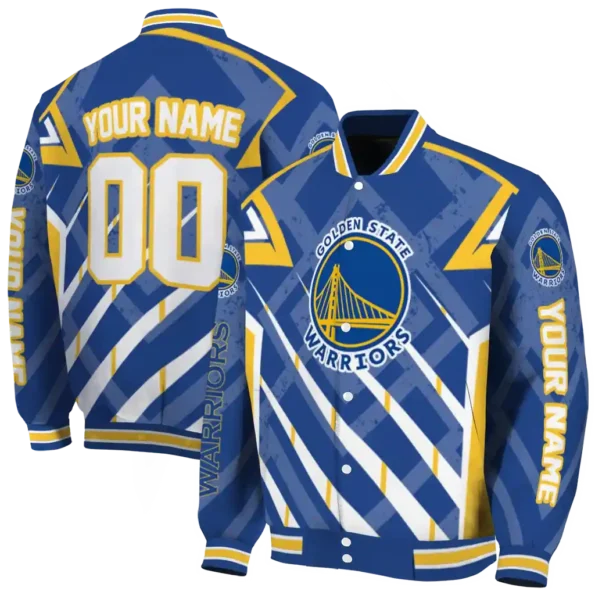 customized golden state warriors chevron angles blue varsity jacket fashion forward.webp