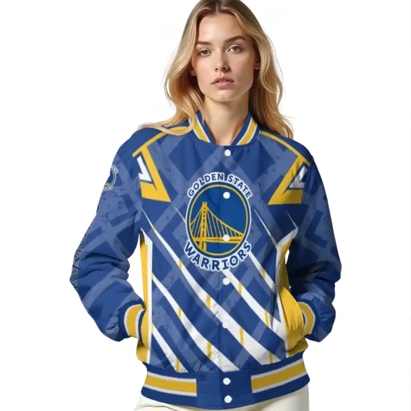 customized golden state warriors chevron angles blue varsity jacket latest model.webp