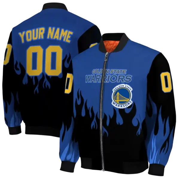 customized golden state warriors flame border blue black bomber jacket fashion forward