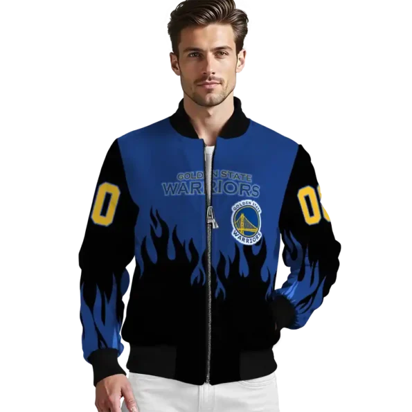 customized golden state warriors flame border blue black bomber jacket high quality