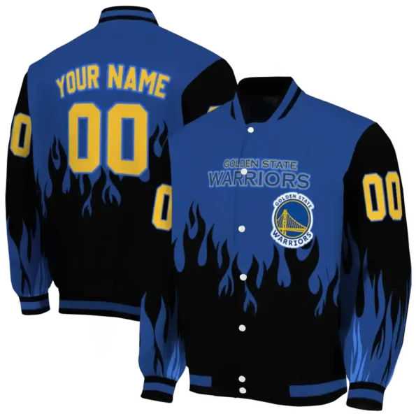 customized golden state warriors flame border blue black varsity jacket fashion forward.webp
