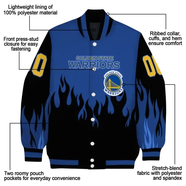 customized golden state warriors flame border blue black varsity jacket new arrival.webp