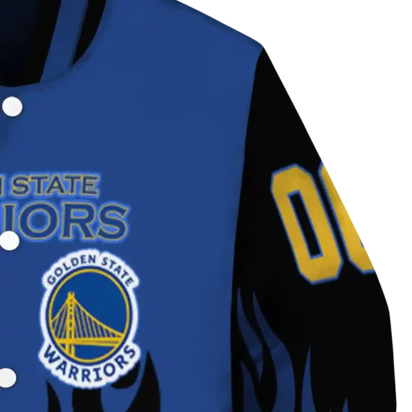 customized golden state warriors flame border blue black varsity jacket premium grade.webp