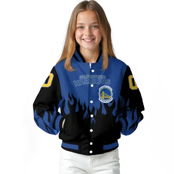 customized golden state warriors flame border blue black varsity jacket top rated.webp