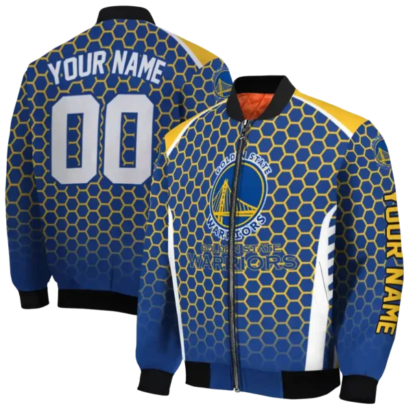 customized golden state warriors hexagon grid blue bomber jacket fashion forward
