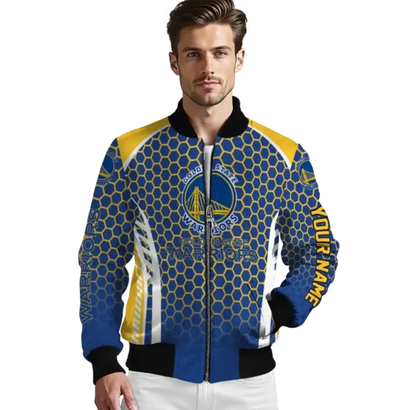 customized golden state warriors hexagon grid blue bomber jacket high quality