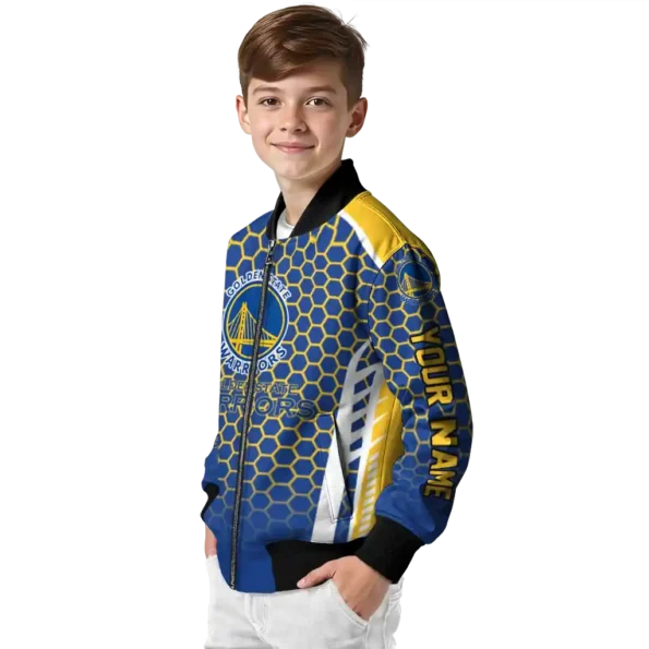 customized golden state warriors hexagon grid blue bomber jacket trendy
