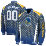 customized golden state warriors hexagon grid blue varsity jacket best selling.webp