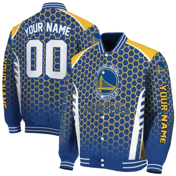customized golden state warriors hexagon grid blue varsity jacket fashion forward.webp