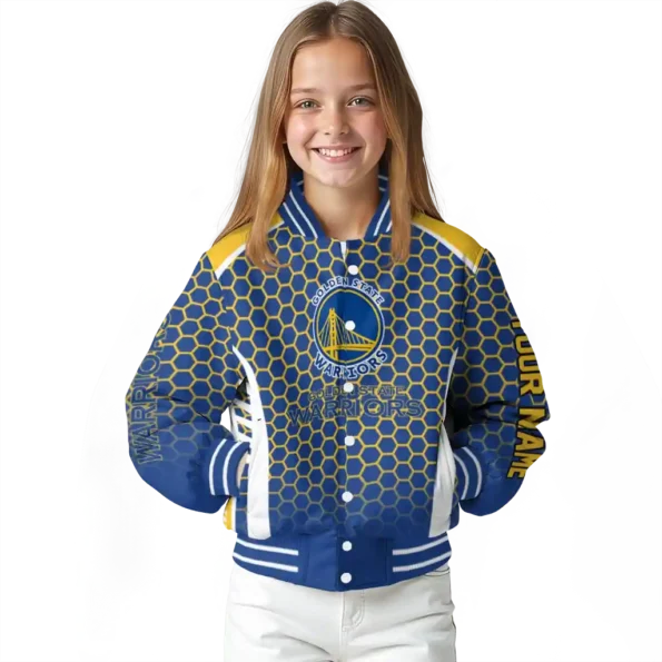 customized golden state warriors hexagon grid blue varsity jacket top rated.webp