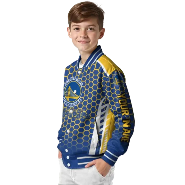 customized golden state warriors hexagon grid blue varsity jacket trendy.webp