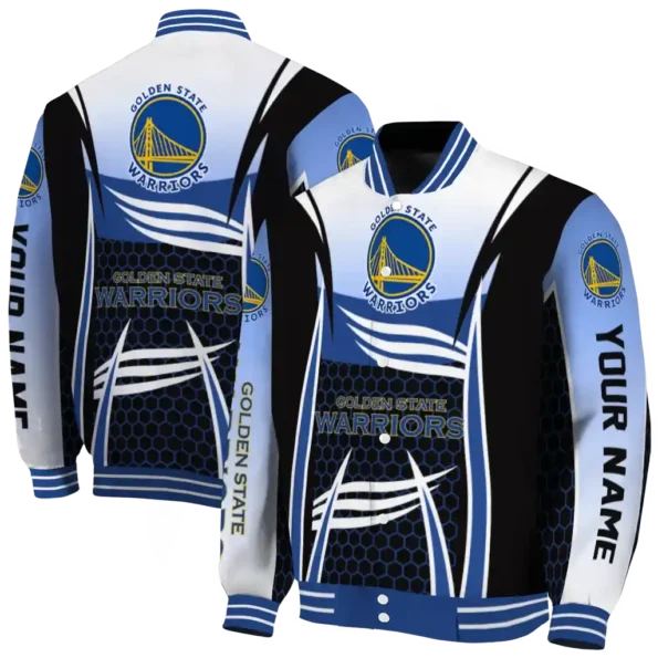 customized golden state warriors mesh effect blue black varsity jacket fashion forward.webp