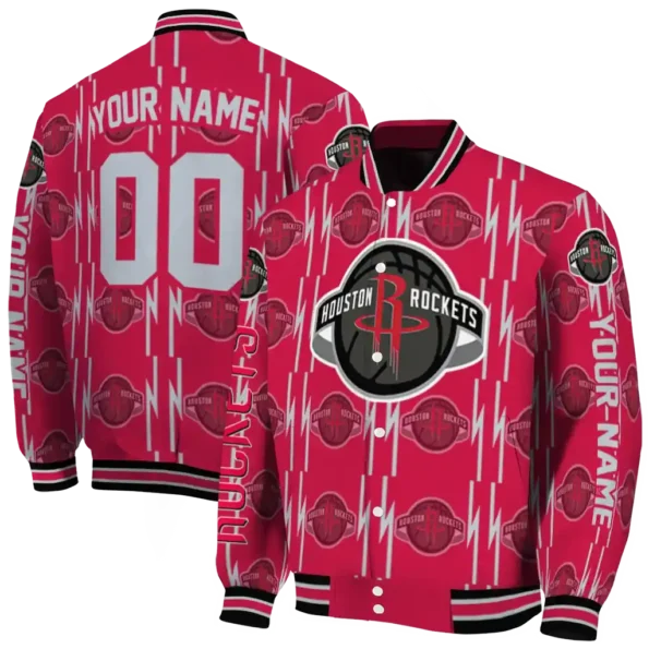 customized houston rockets bolt stripe red varsity jacket fashion forward.webp