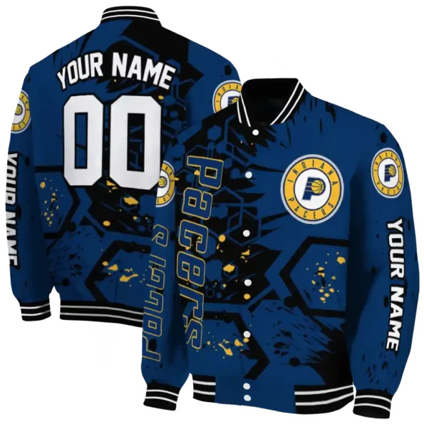 customized indiana pacers hexagon cluster blue black varsity jacket fashion forward.webp