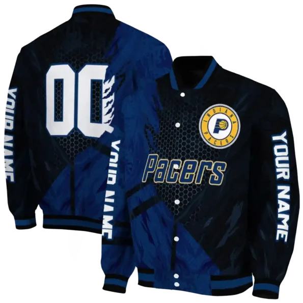 customized indiana pacers hexagon mesh blue black varsity jacket fashion forward.webp
