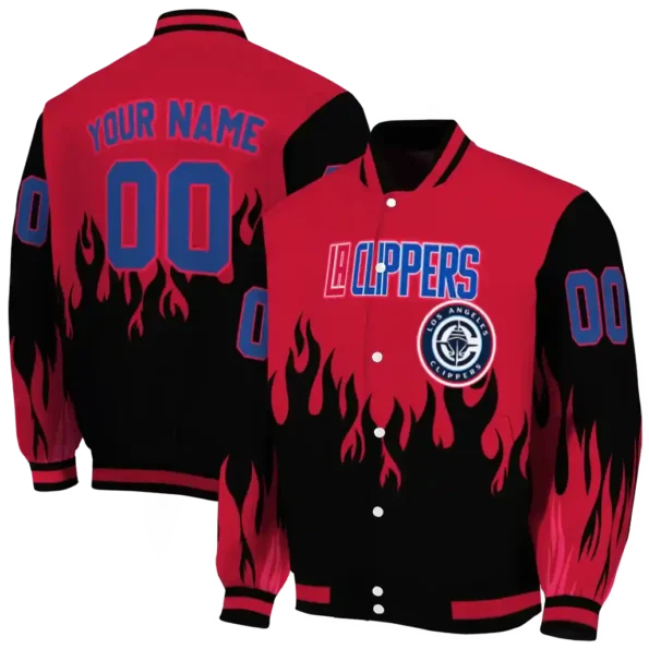 customized los angeles clippers flame border red black varsity jacket fashion forward.webp