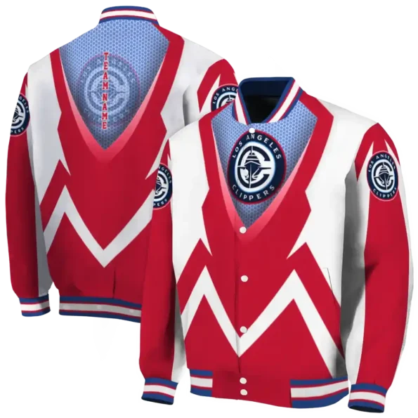 customized los angeles clippers v stripes red white varsity jacket fashion forward.webp