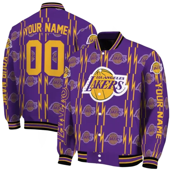 customized los angeles lakers bolt stripe purple varsity jacket fashion forward.webp