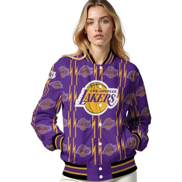 customized los angeles lakers bolt stripe purple varsity jacket latest model.webp