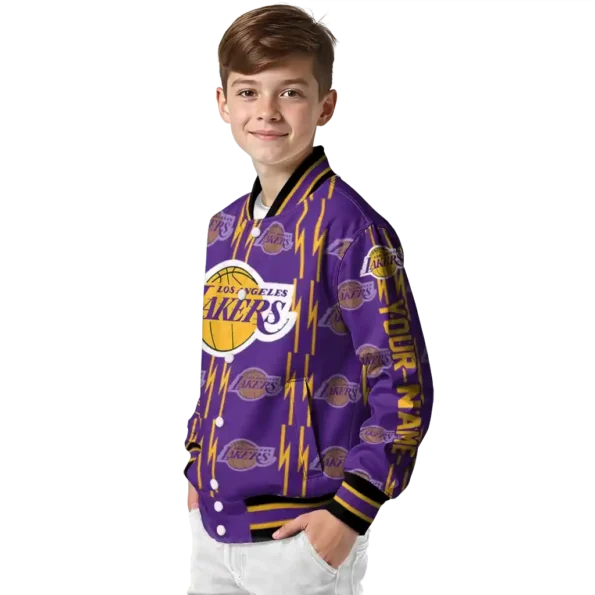 customized los angeles lakers bolt stripe purple varsity jacket trendy.webp