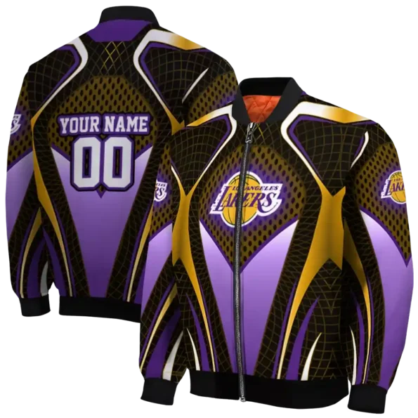 customized los angeles lakers mesh chest black bomber jacket fashion forward