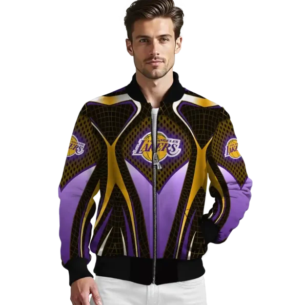 customized los angeles lakers mesh chest black bomber jacket high quality