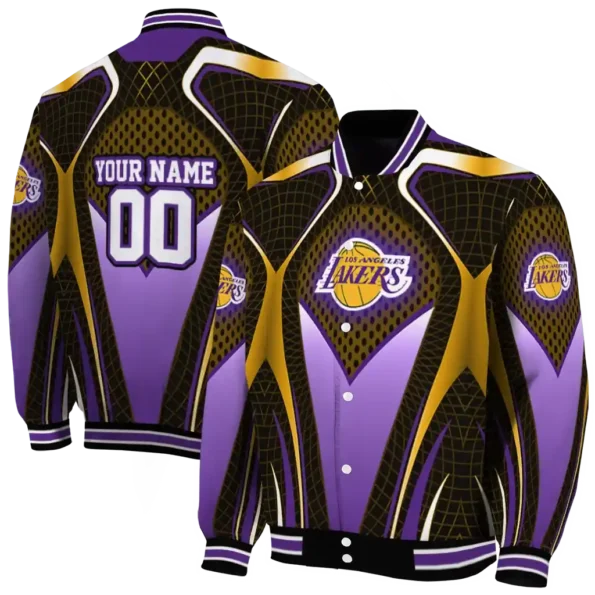 customized los angeles lakers mesh chest black varsity jacket fashion forward.webp