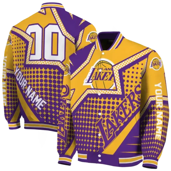 customized los angeles lakers star burst purple varsity jacket fashion forward.webp