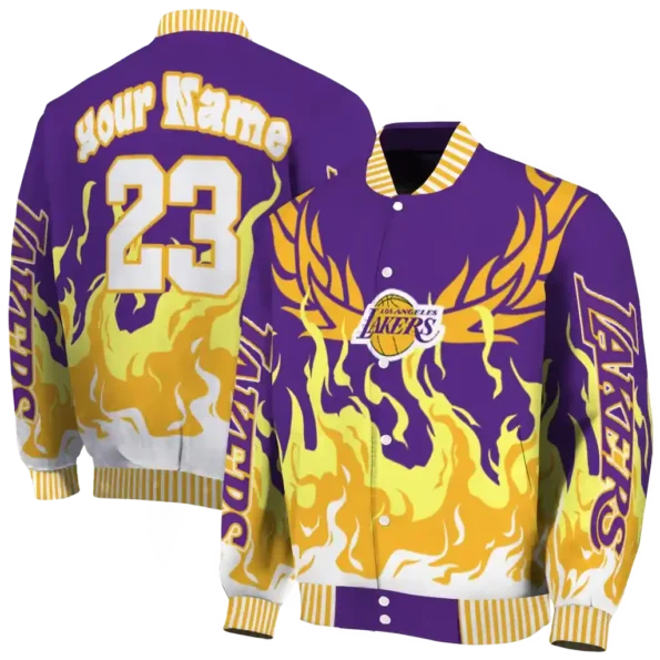 customized los angeles lakers winged blaze purple white varsity jacket fashion forward.webp