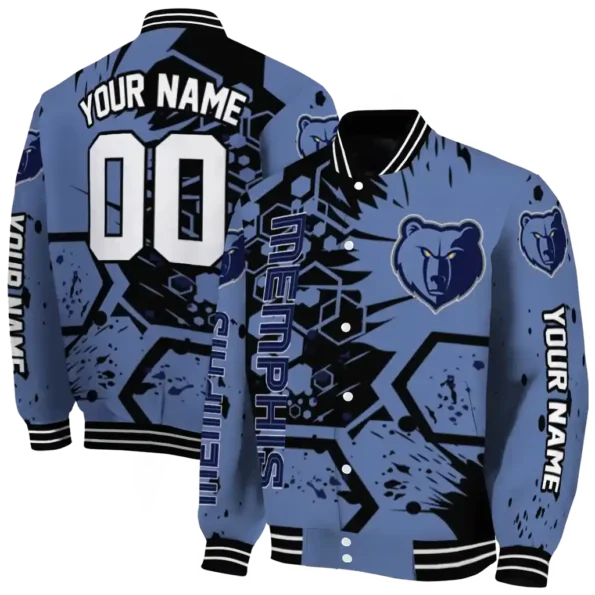 customized memphis grizzlies hexagon cluster blue black varsity jacket fashion forward.webp