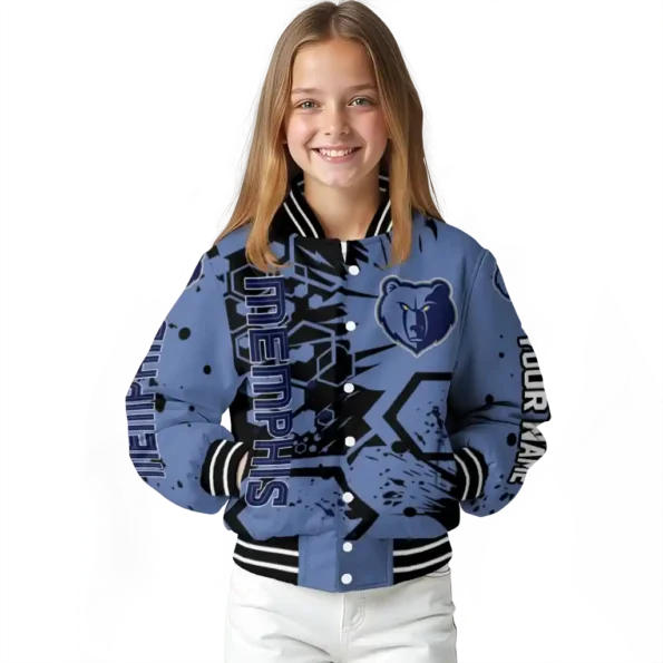 customized memphis grizzlies hexagon cluster blue black varsity jacket top rated.webp