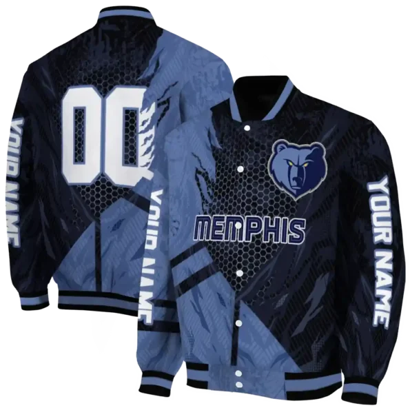 customized memphis grizzlies hexagon mesh blue black varsity jacket fashion forward.webp