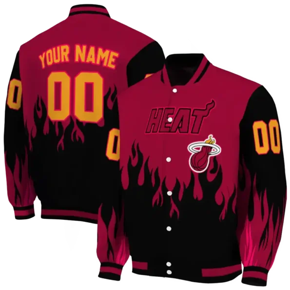 customized miami heat flame border red black varsity jacket fashion forward.webp
