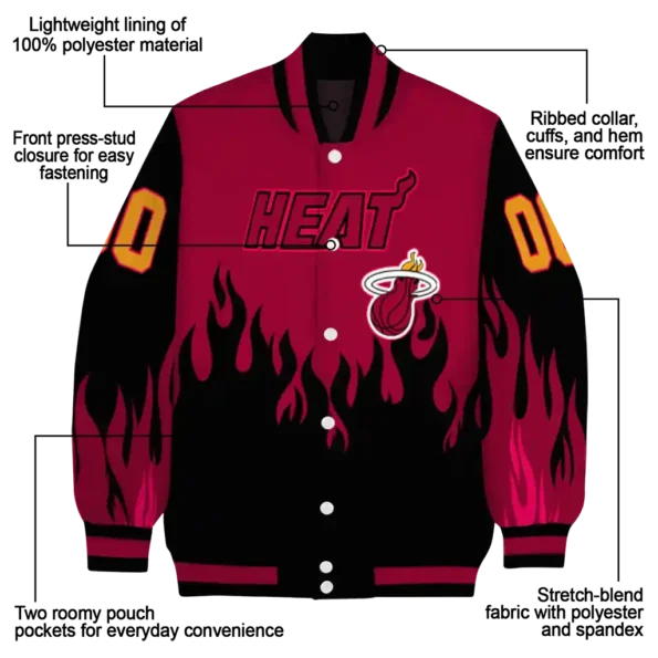 customized miami heat flame border red black varsity jacket new arrival.webp