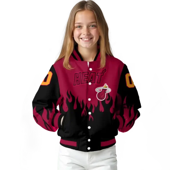 customized miami heat flame border red black varsity jacket top rated.webp