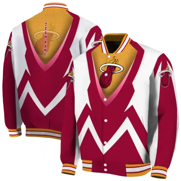 customized miami heat v stripes red white varsity jacket fashion forward.webp