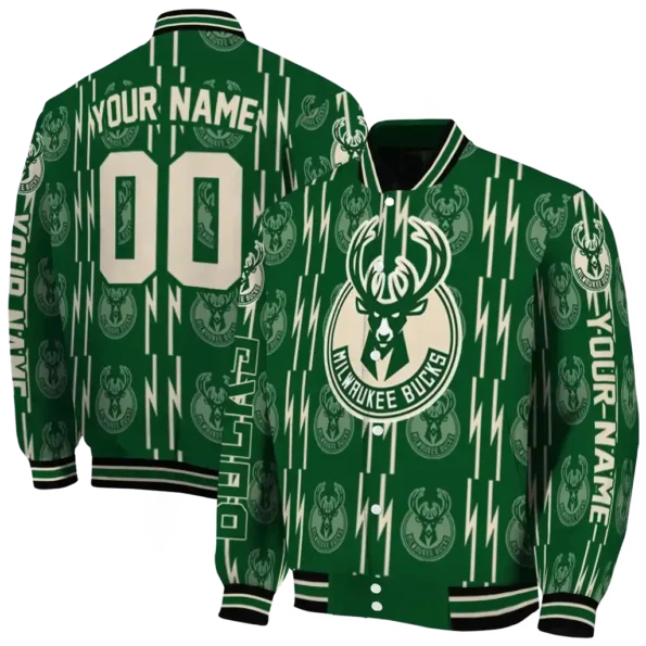 customized milwaukee bucks bolt stripe green varsity jacket fashion forward.webp