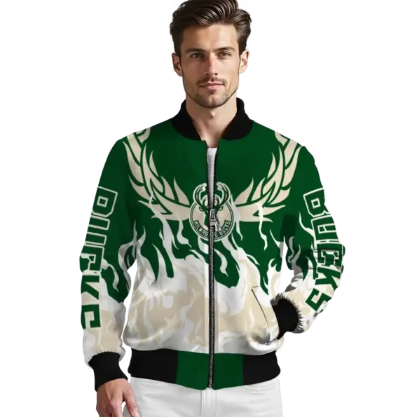 customized milwaukee bucks winged blaze green white bomber jacket high quality