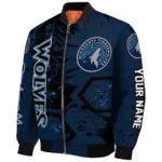 customized minnesota timberwolves hexagon cluster midnight blue black bomber jacket best selling