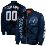 customized minnesota timberwolves hexagon cluster midnight blue black bomber jacket best selling