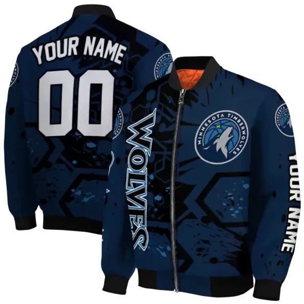 customized minnesota timberwolves hexagon cluster midnight blue black bomber jacket fashion forward