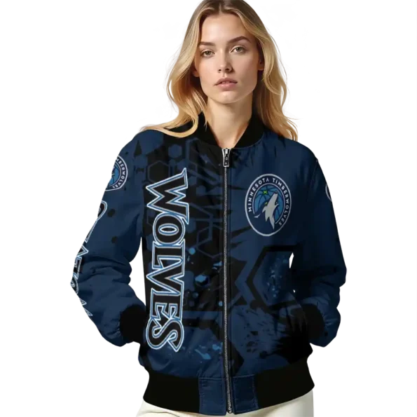 customized minnesota timberwolves hexagon cluster midnight blue black bomber jacket latest model