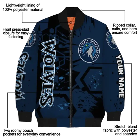 customized minnesota timberwolves hexagon cluster midnight blue black bomber jacket new arrival