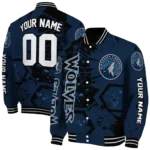 customized minnesota timberwolves hexagon cluster midnight blue black varsity jacket best selling.webp