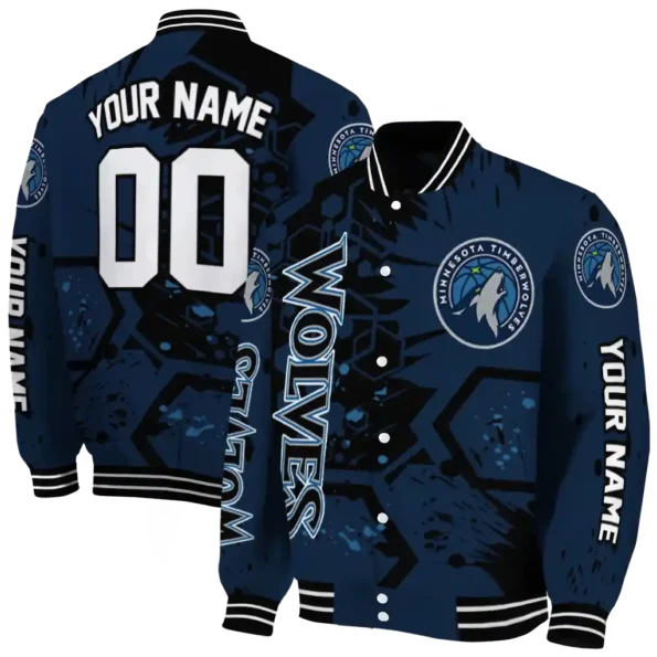customized minnesota timberwolves hexagon cluster midnight blue black varsity jacket fashion forward.webp
