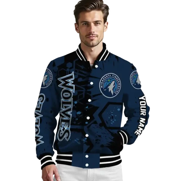 customized minnesota timberwolves hexagon cluster midnight blue black varsity jacket high quality.webp