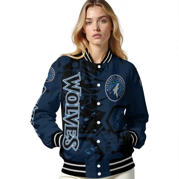customized minnesota timberwolves hexagon cluster midnight blue black varsity jacket latest model.webp