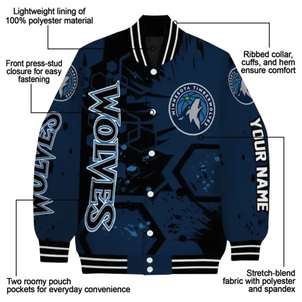 customized minnesota timberwolves hexagon cluster midnight blue black varsity jacket new arrival.webp